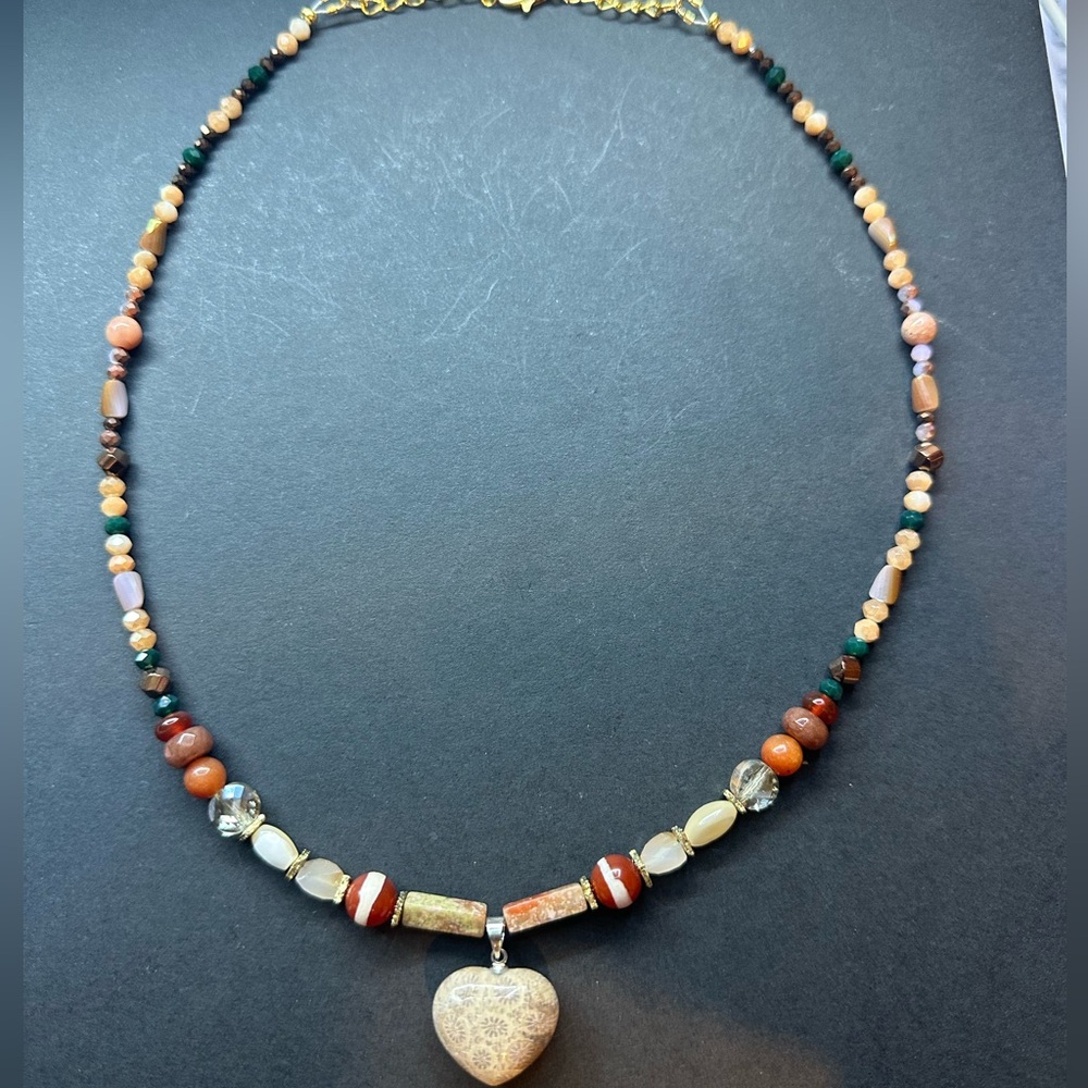 Hand Crafted Earthy Tones Beaded Necklace with Heart Pendant